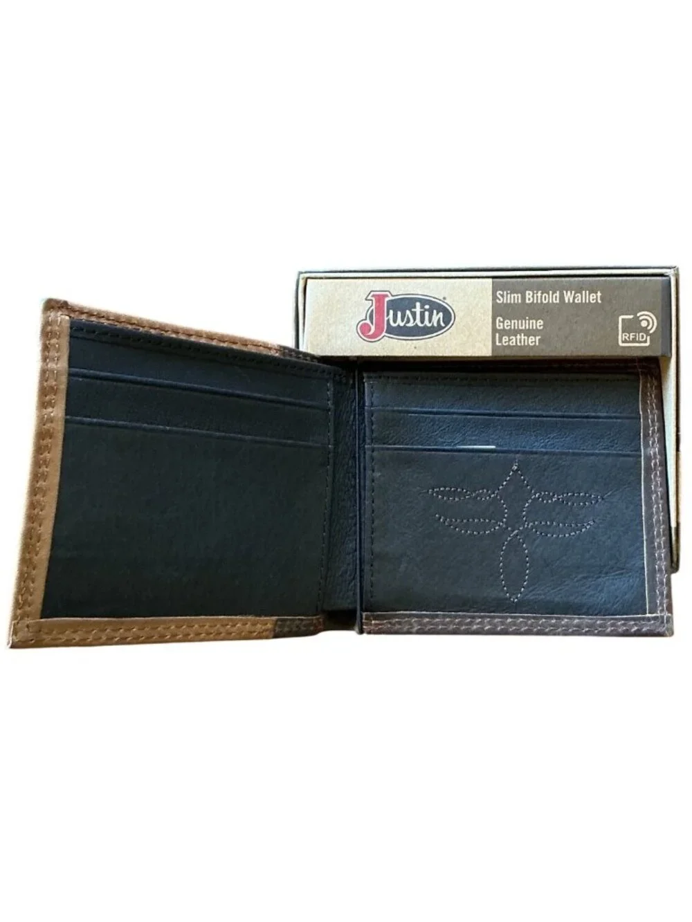 Justin RFID Slim Bifold Wallet Brown Genuine Leather Logo New Box